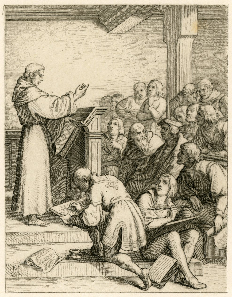 Martin Luther, Wittenberg Üniversitesi'nde, önünde rektör yardımcısı Dr. Pollich ve baba dostu Johann von Staupitz (1460-1524) ders veriyor. by Gustav Ferdinand Leopold Konig