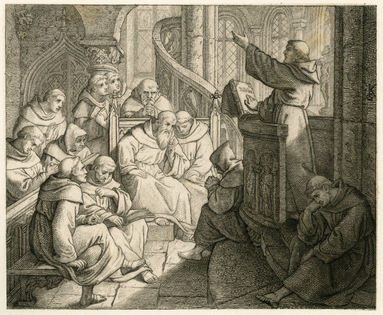 Martin Luther, manastırda, babacan arkadaşı Staupitz'in önünde vaaz veriyor. by Gustav Ferdinand Leopold Konig