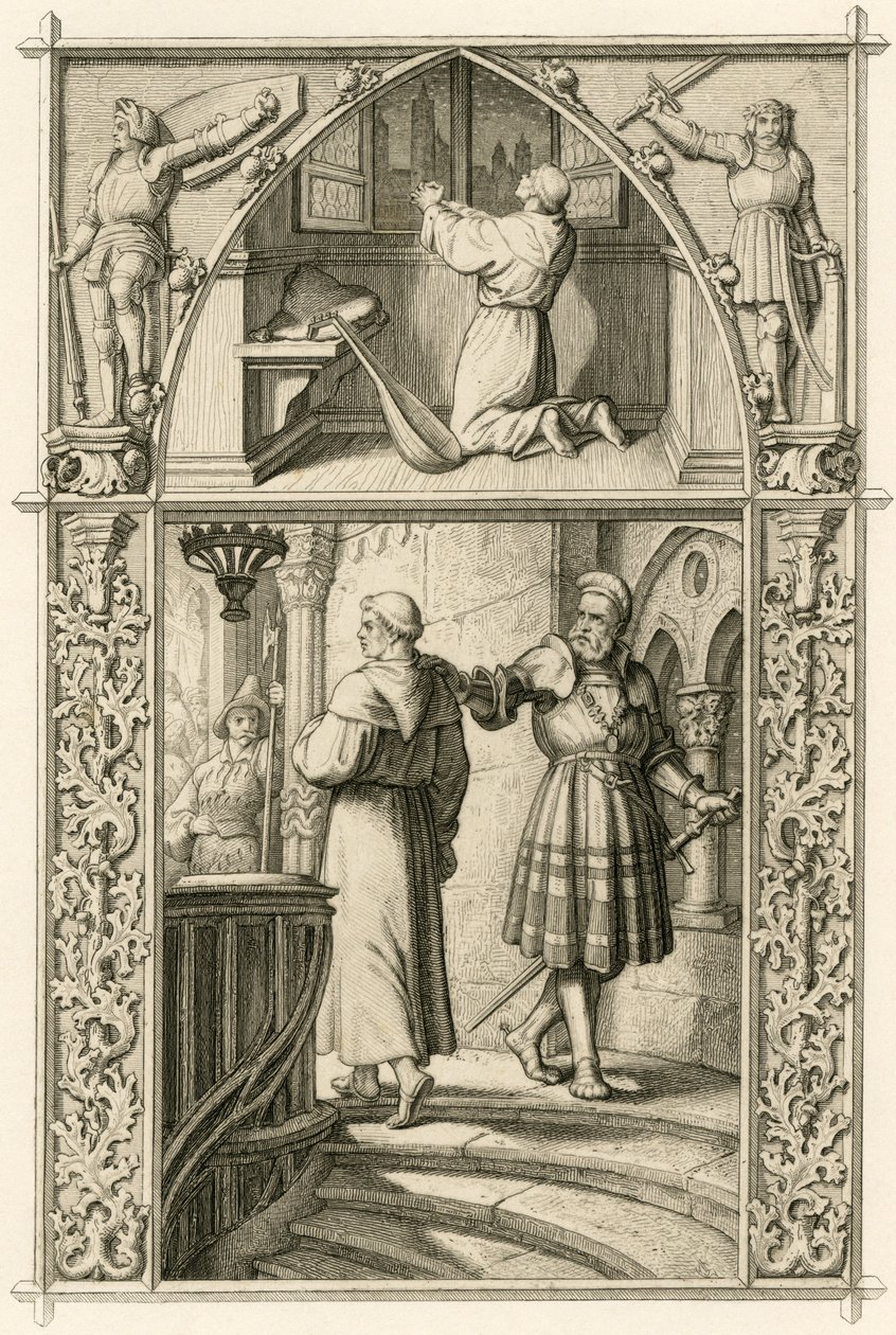 Martin Luther, imparatorla buluşması için dua ederek kendini hazırlar (yukarıdaki resim); ana resim : Luther şövalye George (Georg) von Frundsberg (Jorg von Fronsberg, Freundsbergin) ile buluşuyor by Gustav Ferdinand Leopold Konig