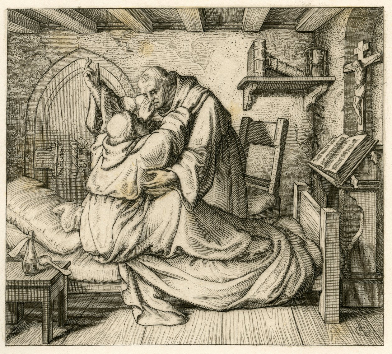 Martin Luther, eski bir keşiş tarafından teselli edilir, çünkü bedeni ve insan zihni tarafından tükenmiştir. by Gustav Ferdinand Leopold Konig