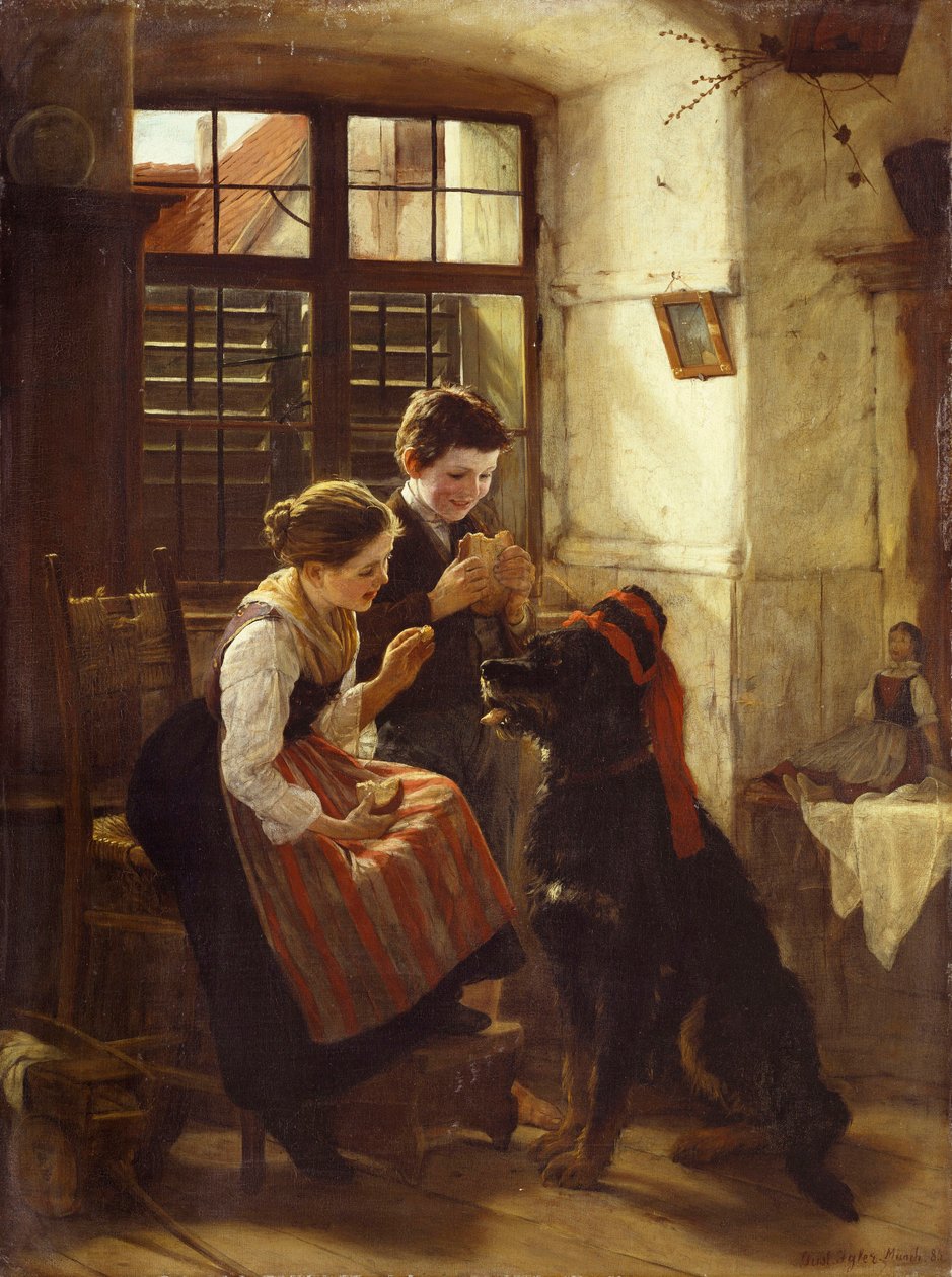Hasta Hayvan. İki çocuk köpeklerine (evcil bir hayvan) bir şapka takmışlar ve yemesi için ona biraz ekmek uzatıyorlar. Gustav Igler (1842-1908) tarafından yapılmıştır. by Gustav Igler