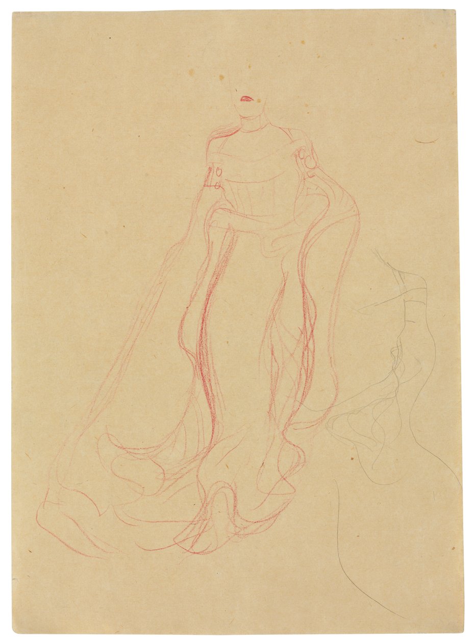 Ellerin Birbirine Kenetlendiği Kostüm Çalışması, Sağ Tarafın Tekrarı, c.1903-04 (devetüyü kağıt üzerine renkli mum boya ve kurşun kalem) by Gustav Klimt