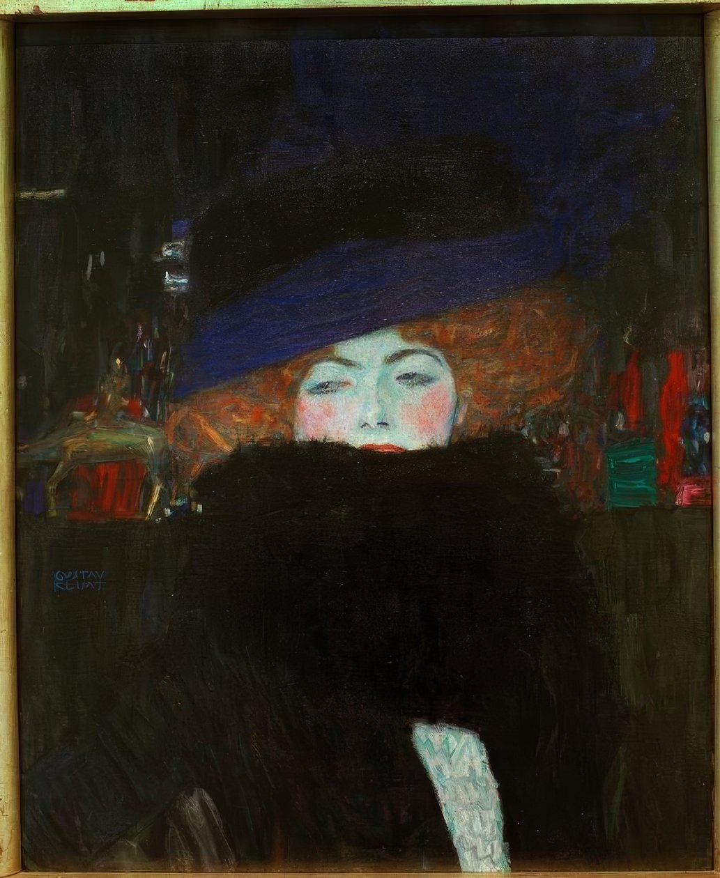 Bayan şapka ve tüy boa ile by Gustav Klimt