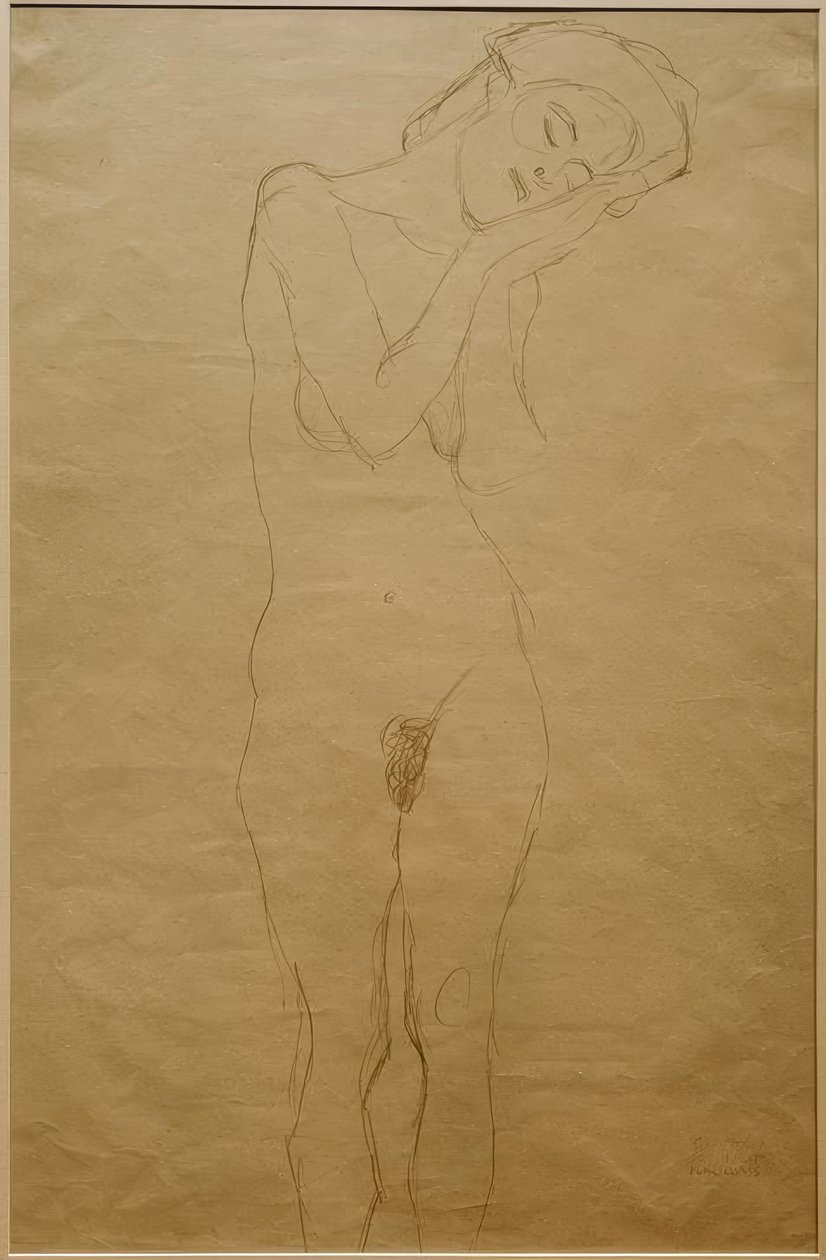 Önden çıplak, eller yanakta by Gustav Klimt