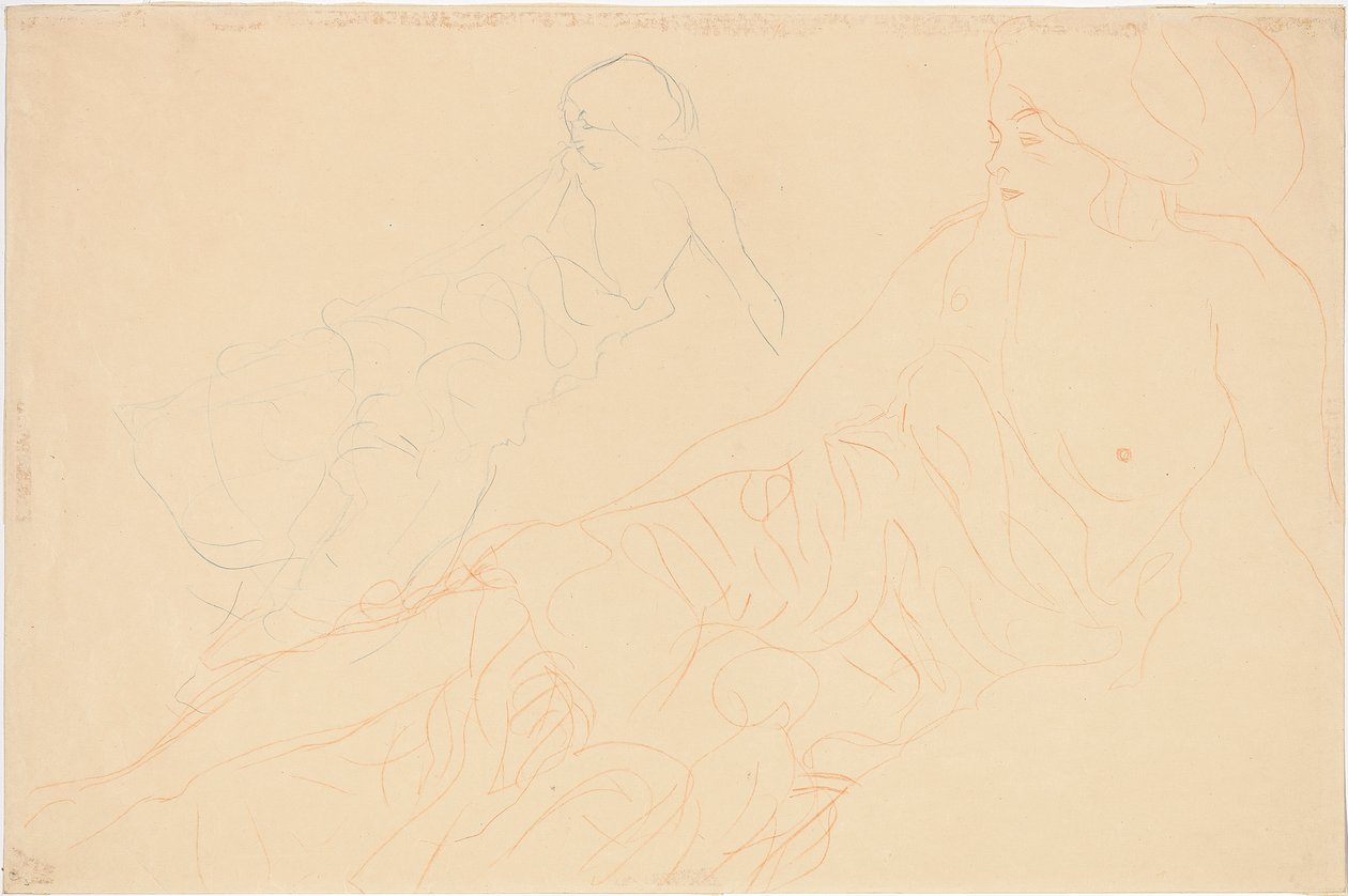 uzanmış çıplaklar; Desteklenmiş yalancı figür, soldaki tekrar, 1913 by Gustav Klimt