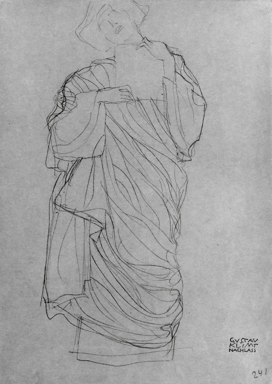 Cüppeli Ayakta Kadın Holding Kartı, (kahverengi kağıt üzerine kurşun kalem) by Gustav Klimt