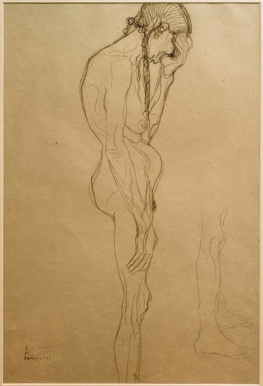 Sağdaki profilde duran yaşlı kadın, bacak çalışması by Gustav Klimt