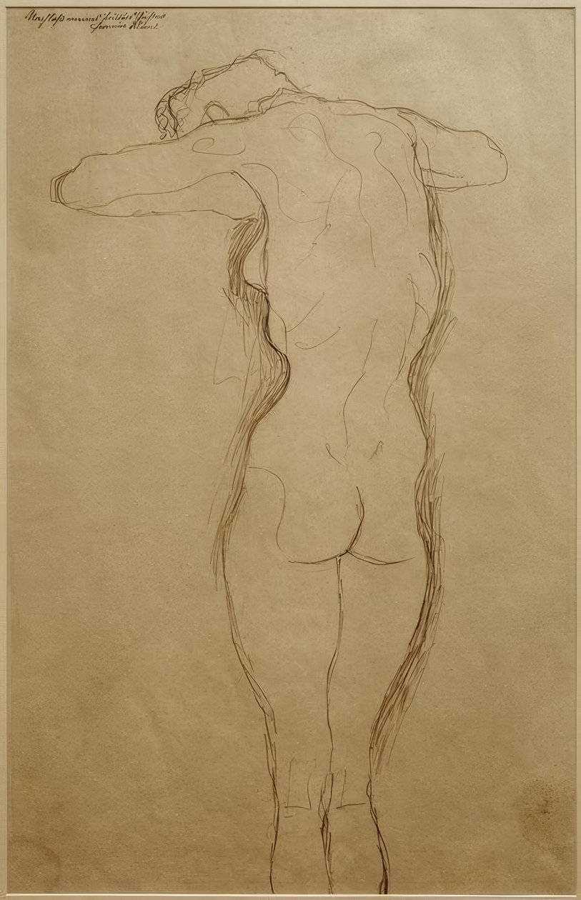 Arkadan çıplak ayakta, kollar yatay olarak bükülmüş (çalışma) by Gustav Klimt