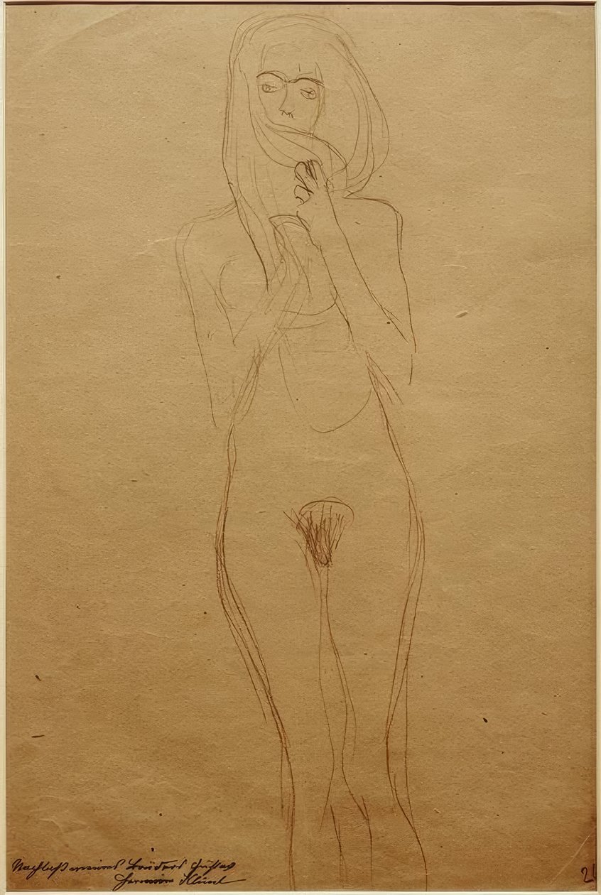 Kadın çıplak ayakta, ağzı saçla kaplı by Gustav Klimt