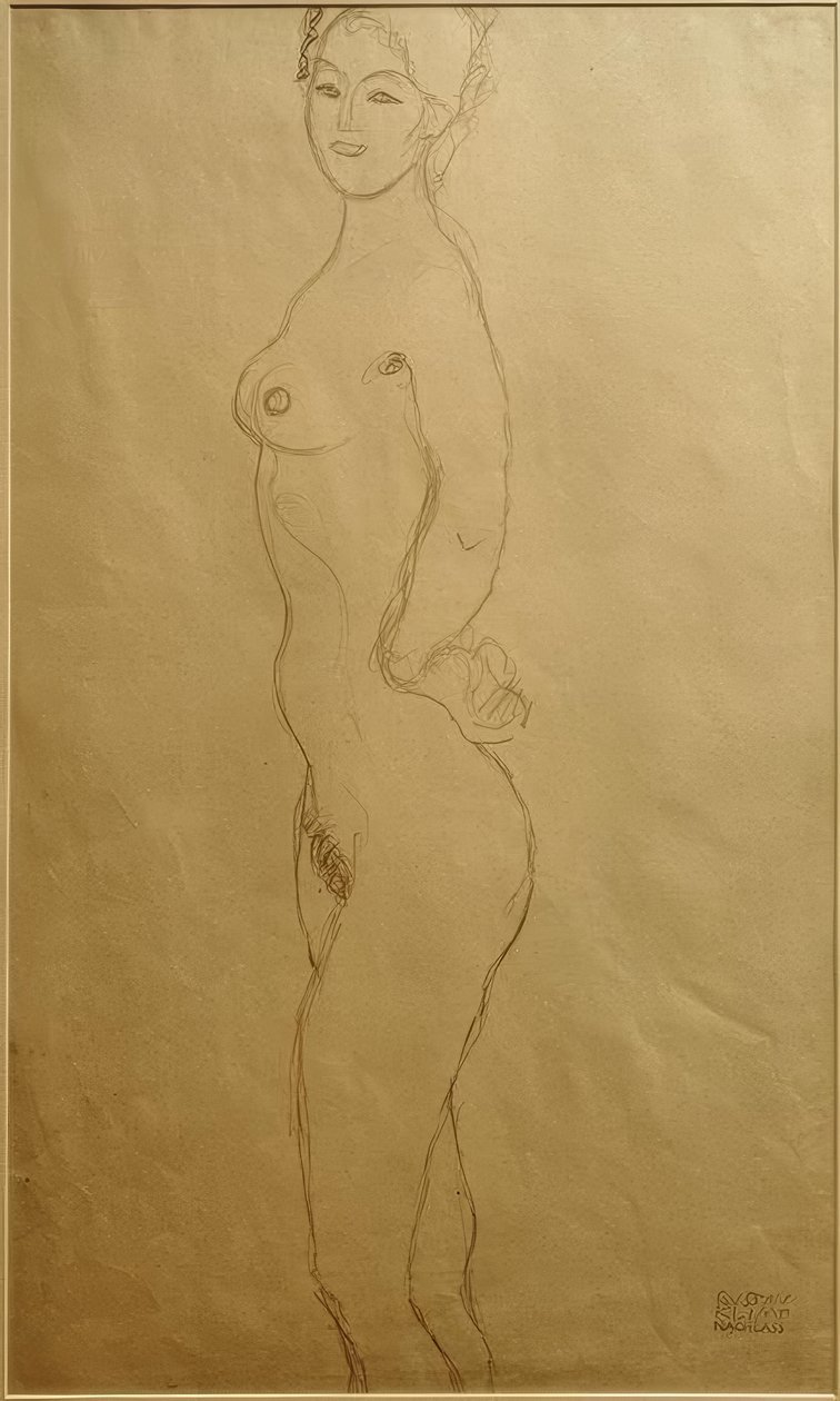 Solda çıplak duran kadın, el ele... by Gustav Klimt