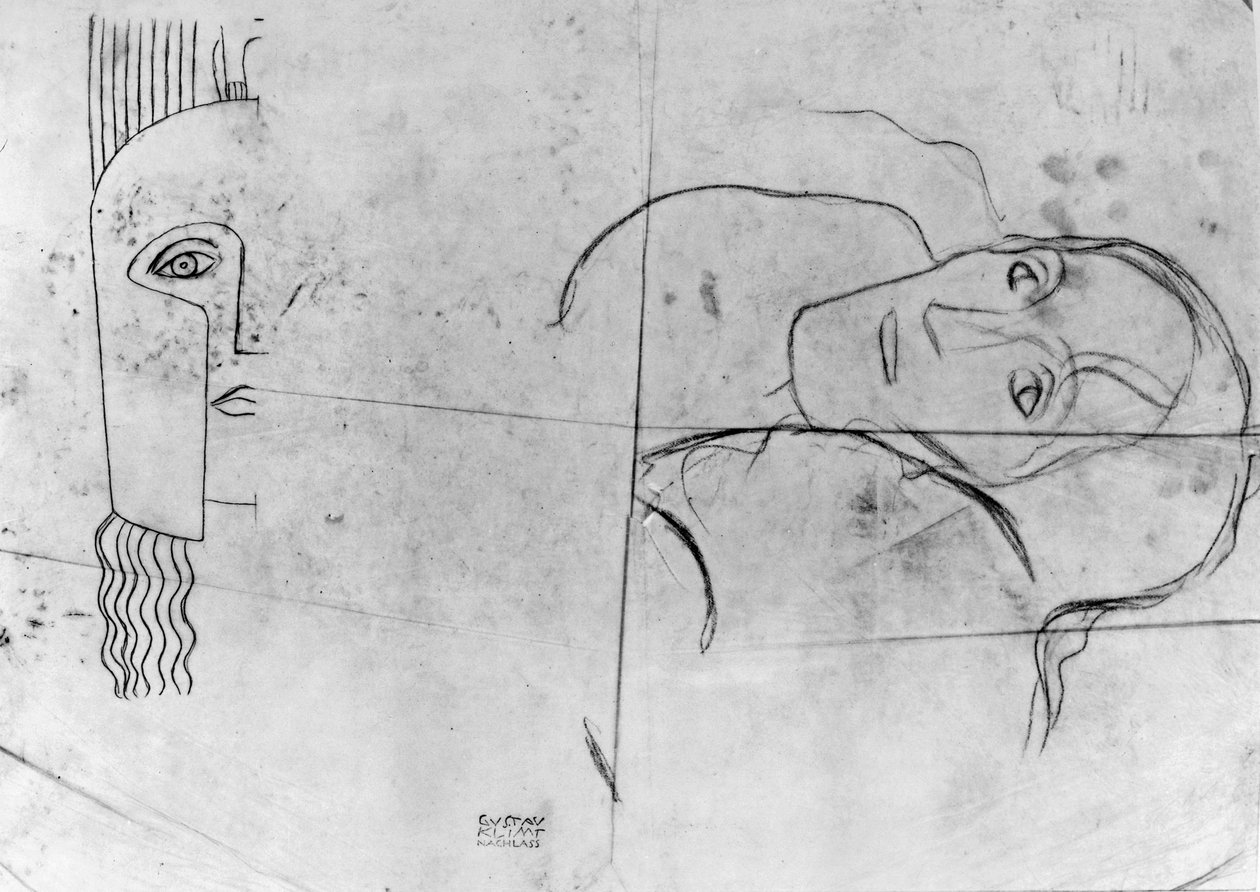 Ver Sacrum 1900 için Çalışmalar - Pallas Athene ve Trajik Bir Kafa, 1897-98 (aydınger kağıdı üzerine kurşun kalem ve mavi pastel boya) by Gustav Klimt