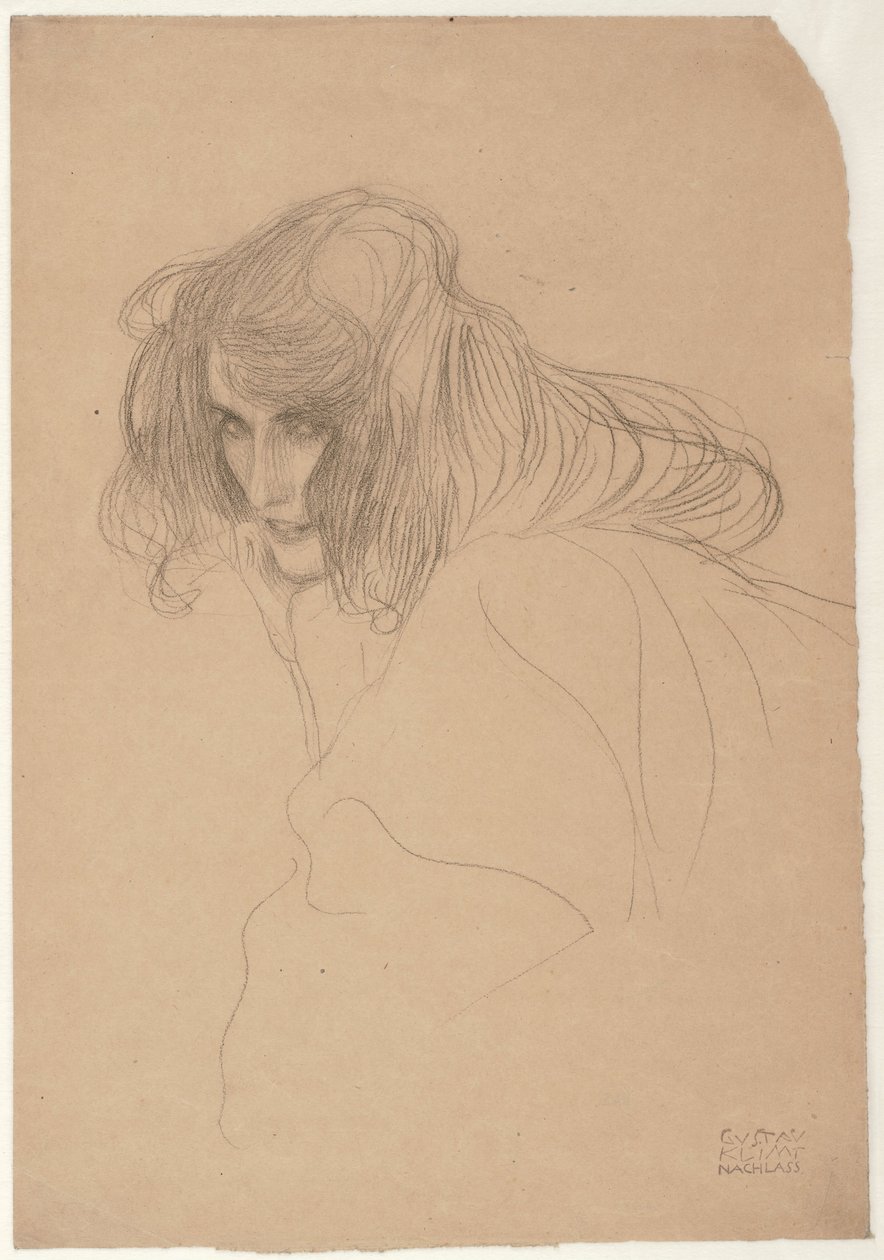 Üç Çeyrek Profilde Bir Kadın Kafasının Çalışması (Beethoven Frizinde İffet Çalışması), c.1901-02 (kağıt üzerine siyah tebeşir) by Gustav Klimt