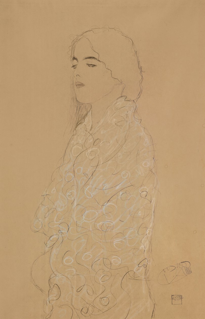 Beyaz Şallı Kadın (kağıt üzerine beyaz ve kırmızı renkli tebeşirli kalem) by Gustav Klimt