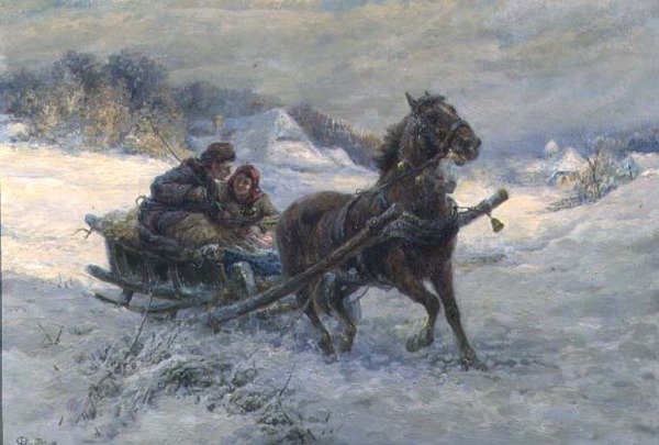 Kışın Kızak Gezintisi (panel üzerine yağ) by Gustav Prucha