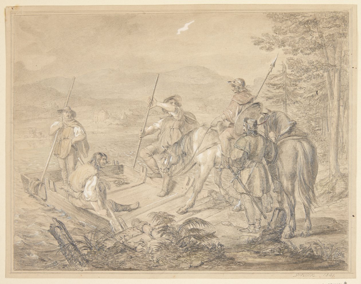Bir feribotla binicilerle manzara by Gustav Schlick