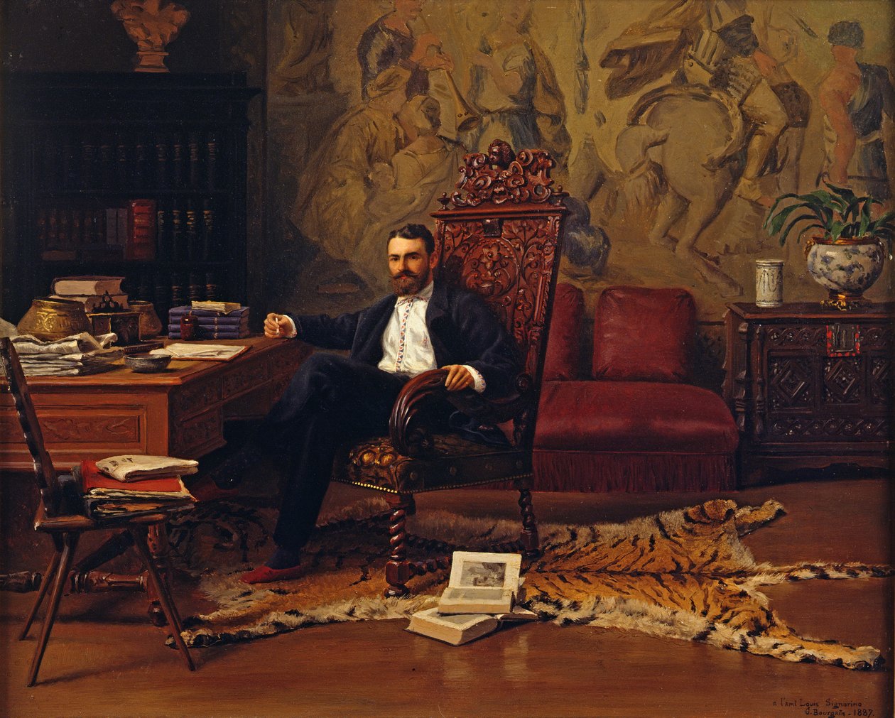Louis Signorino çalışma odasında oturuyor by Gustave Bourgain