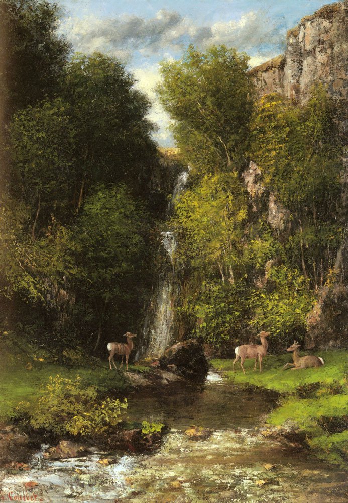 Şelaleli Bir Manzarada Geyik Ailesi by Gustave Courbet