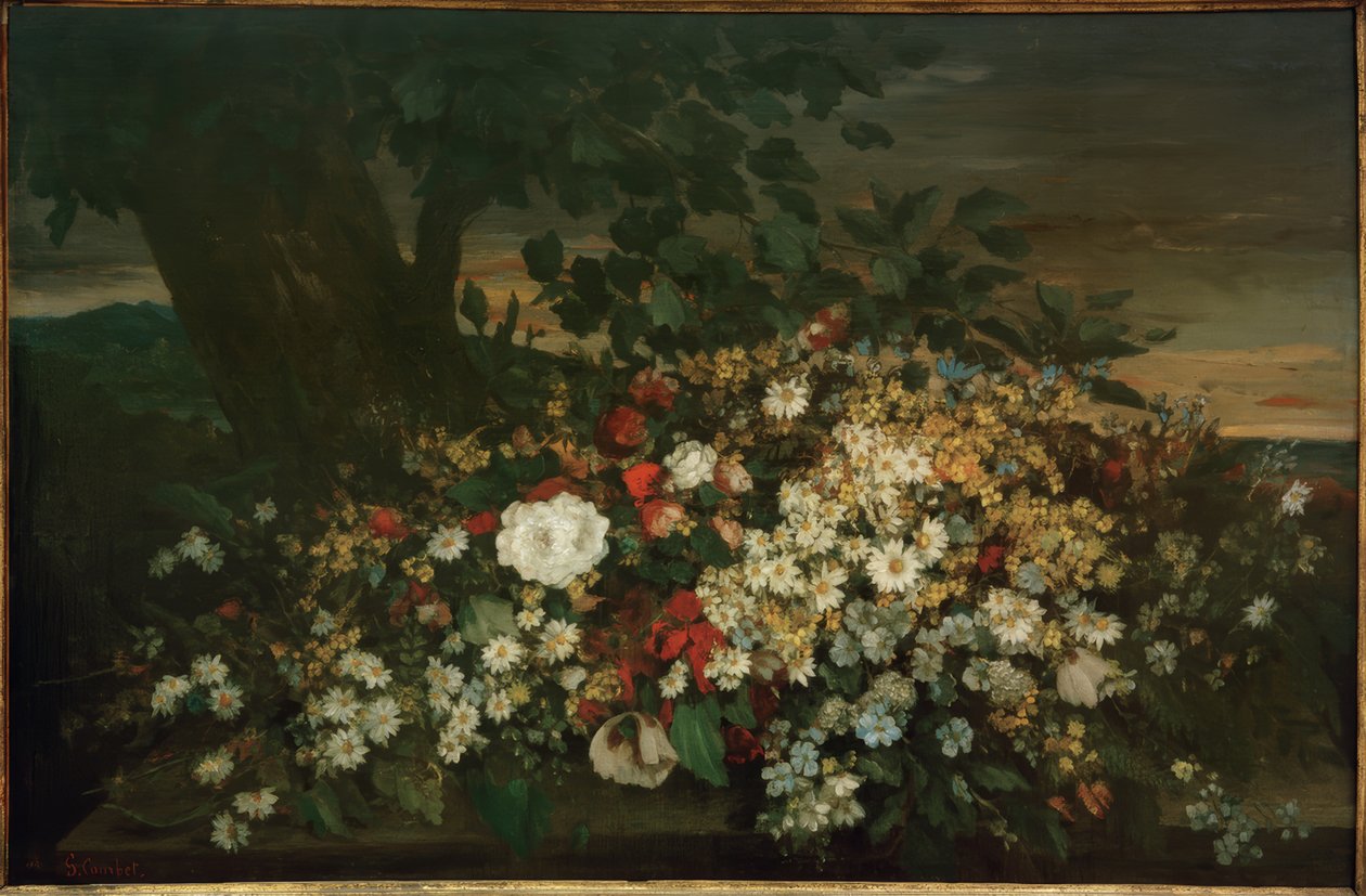 Bir bankta çiçekler by Gustave Courbet