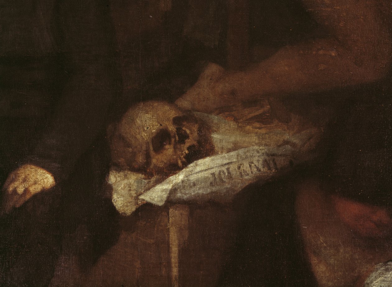 Bazı gazetelerde duran kafatasının Sanatçılar Stüdyosu detayı, 1854-1855 tuval üzerine yağlı boya by Gustave Courbet
