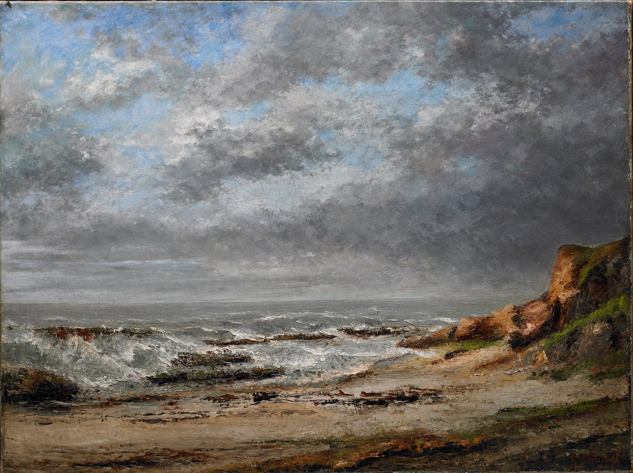 Bir uçurumun yakınında dalgalı bir deniz manzarası by Gustave Courbet