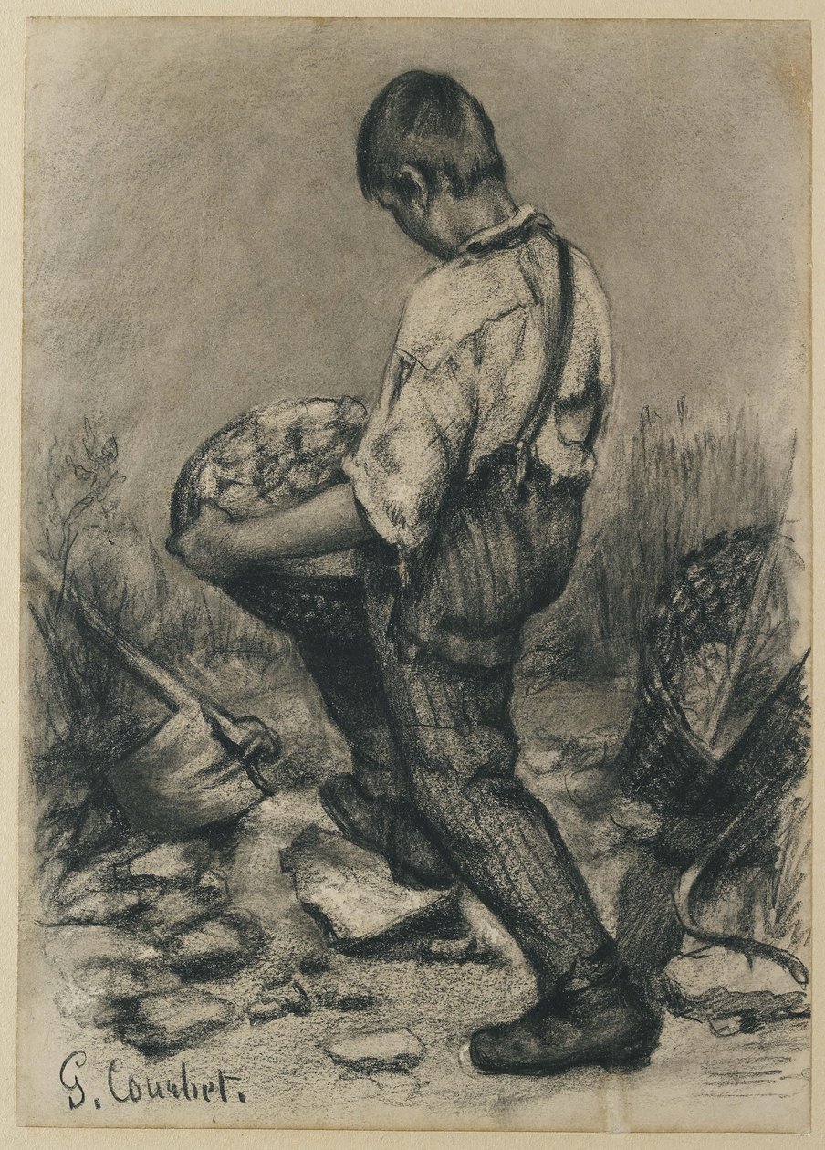 Genç Taş Kırıcı, c. 1864 - 1865 (ince beyazımsı dokuma kağıt üzerine siyah mum boya) by Gustave Courbet