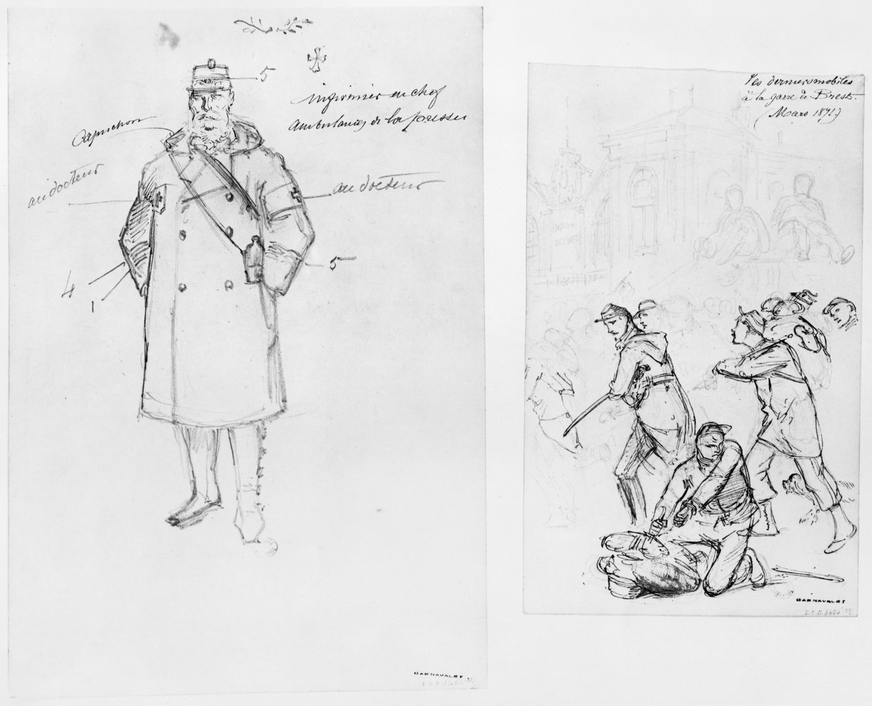 Paris Kuşatması albümü, Ambulans görevlisi, Brest istasyonundaki son birlikler, 1871 (kağıt üzerinde kalem ve kahverengi mürekkep yıkama ve kurşun kalem) by Gustave Dore
