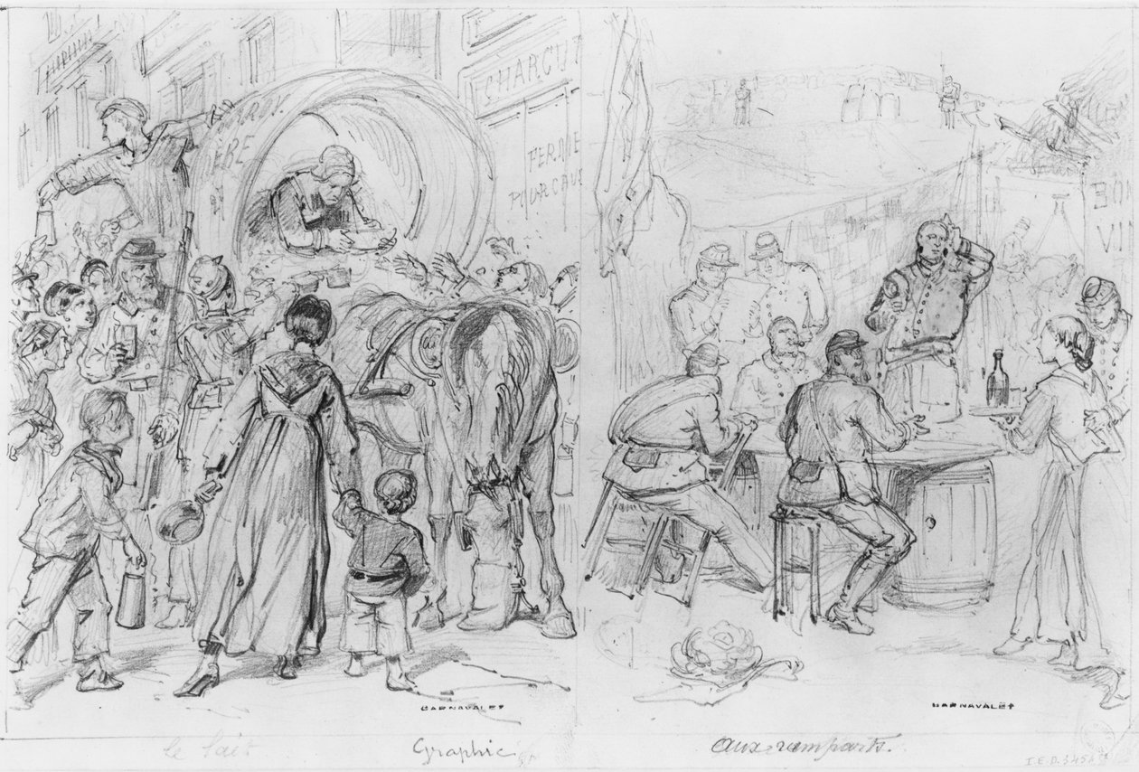Paris Kuşatması, Süt, Surlar Albümü (kağıt üzerinde kalem ve kahverengi mürekkep yıkama ve kurşun kalem) by Gustave Dore