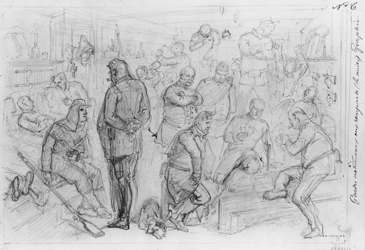 Paris Kuşatması Albümü, Ulusal Muhafızlar geceleri Surlarda (kalem ve kahverengi mürekkep yıkama ve kağıt üzerinde kurşun kalem) by Gustave Dore