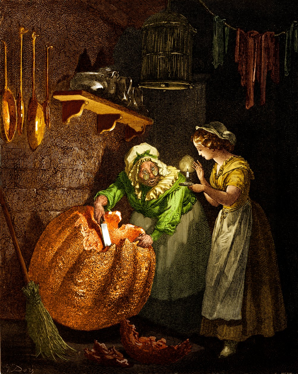 Cinderella: Fairy godmother carving the pumpkin. by Gustave Dore