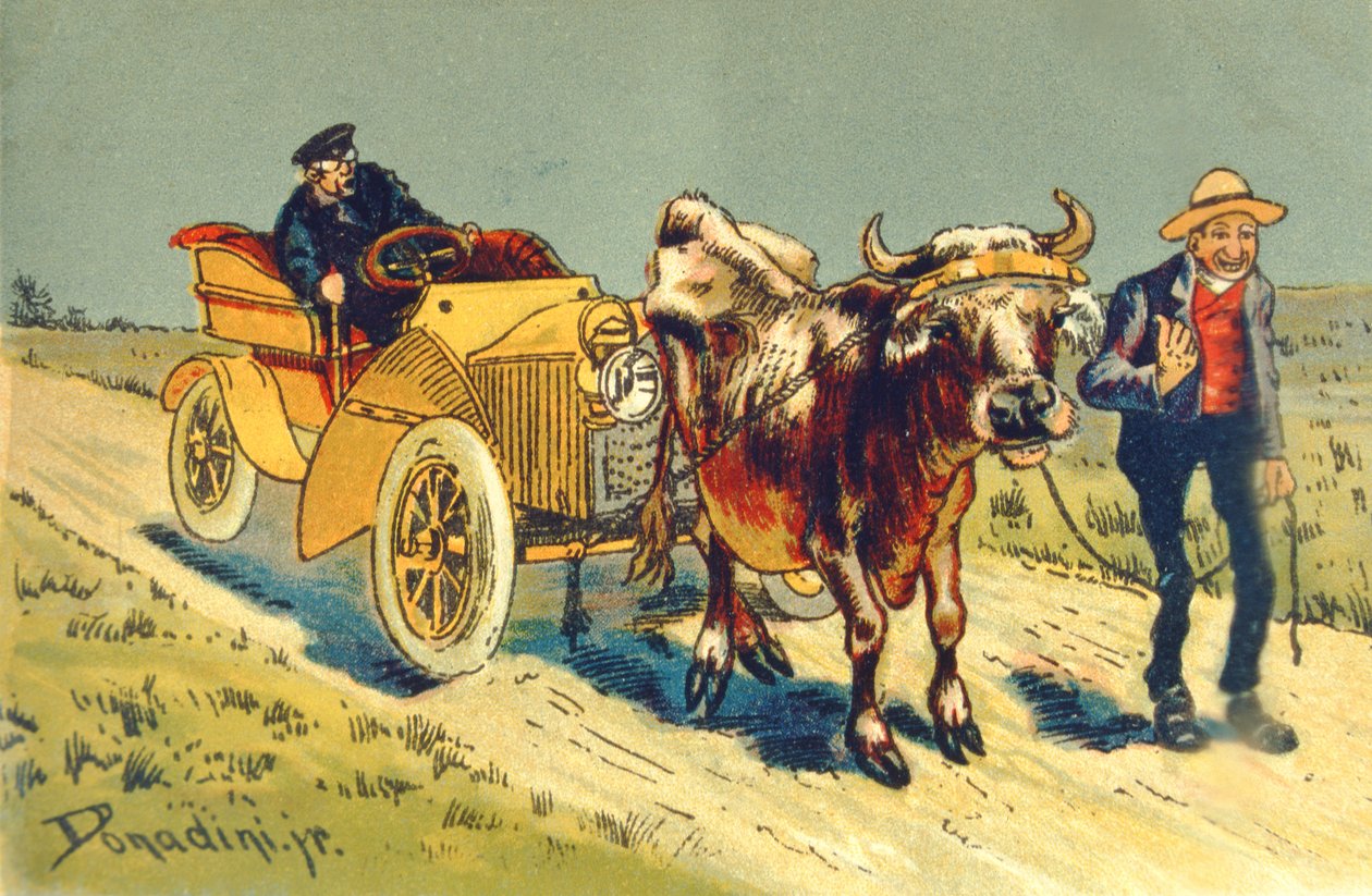 Bir motorlu araba çeken inek - otomobil kullanımının ilk günlerinde bir arıza by Gustave Dore