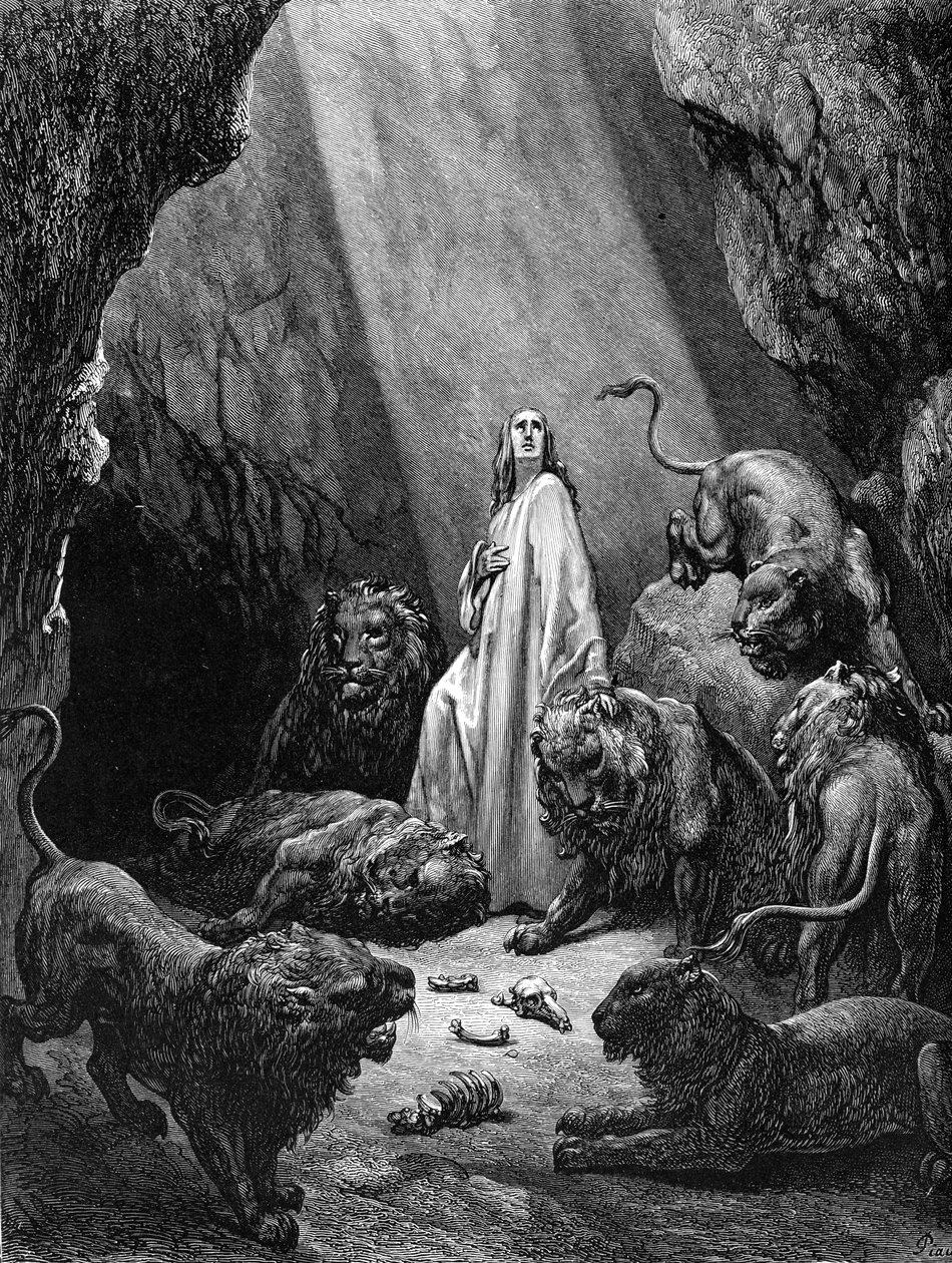 Daniel in the lions  den, engraving by Doré. - Bible by Gustave Dore