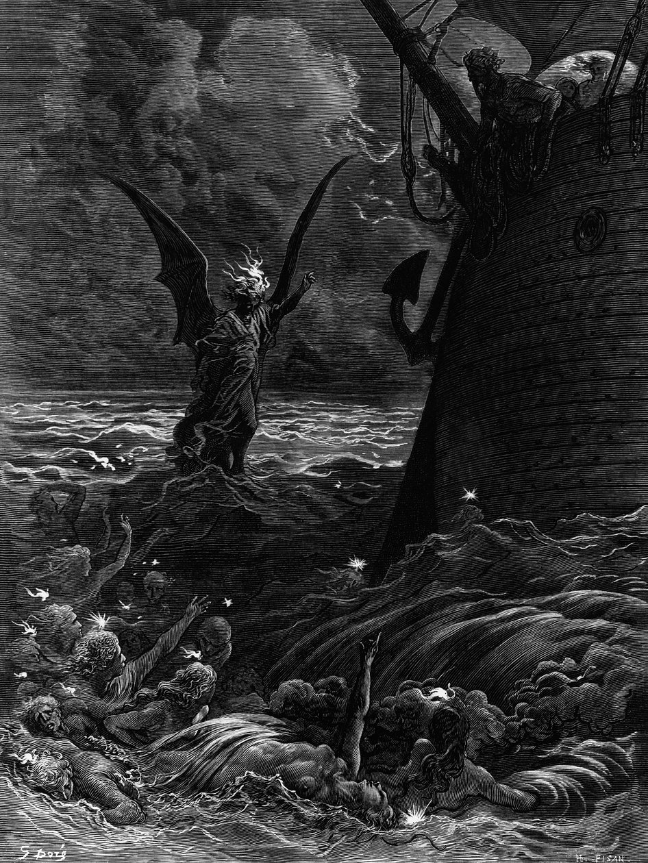 Sakinleştirilmiş geminin etrafında dans eden ölüm ateşleri, S.T. Coleridge, S.T. Coleridge, Harper und Brothers tarafından yayınlandı, New York, 1876 (ahşap gravür) by Gustave Dore