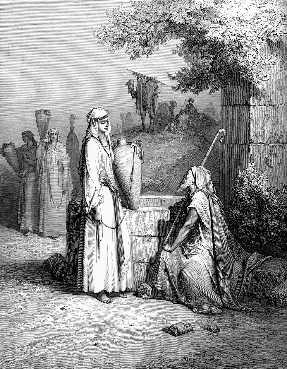 Eliezer and Rebekah  Rebecca, engraving by Doré. - Bible by Gustave Dore