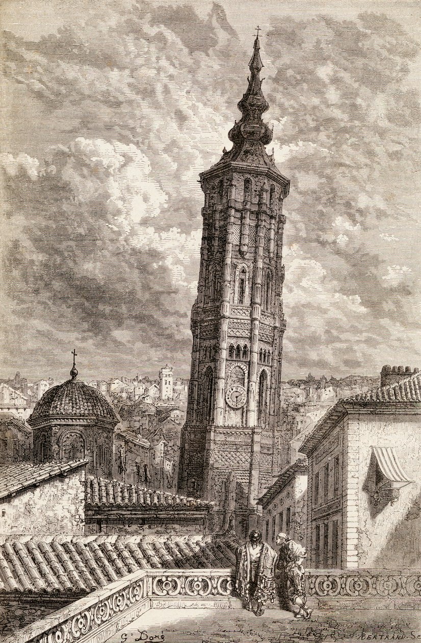 La Torre Nueva, 19. yüzyılda Zaragoza, 1878 (ahşap gravür) by Gustave Dore