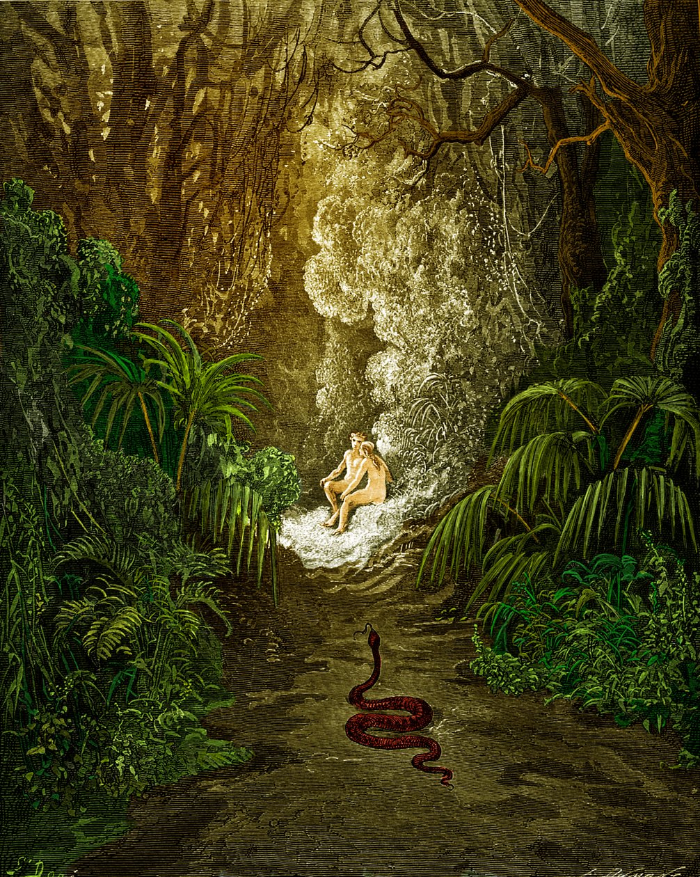 Paradise Lost, by Milton: The serpent approaches. by Gustave Dore