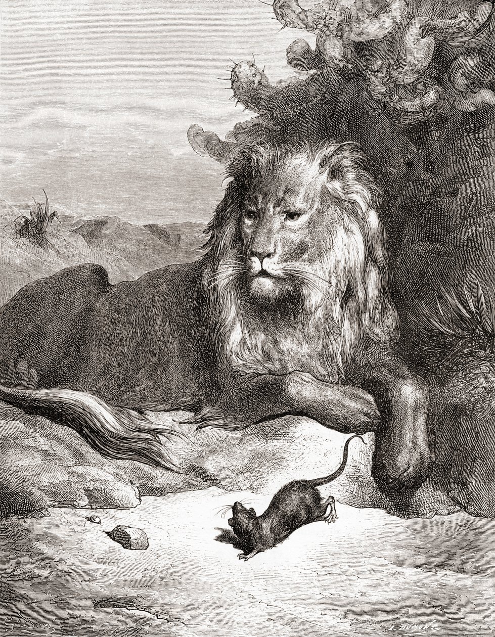 Aslan ve Fare, 19. yüzyılın sonlarında Fables de La Fontaine baskısından (ahşap gravür) by Gustave Dore