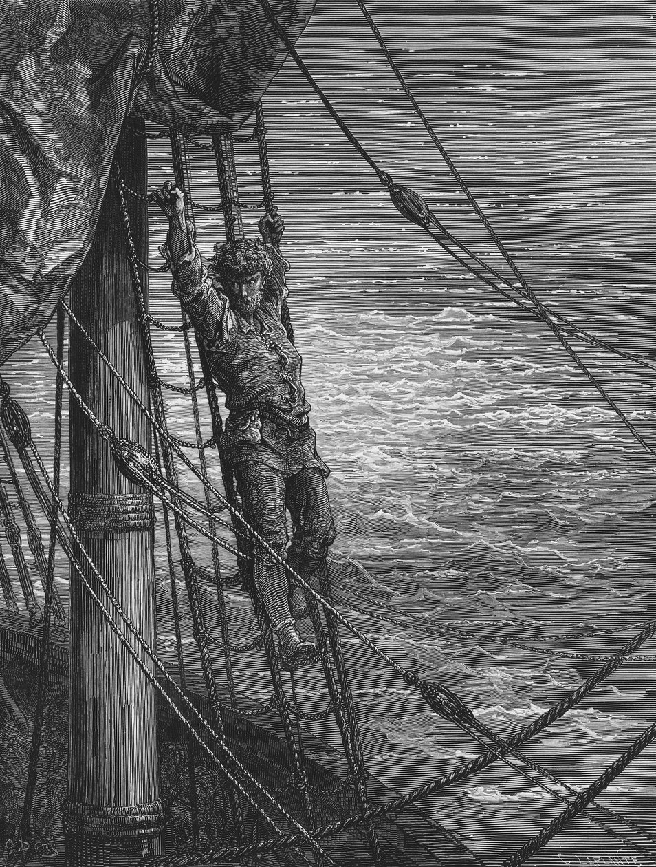 Denizci, dinleyicisine, düğün konuğuna, gemideyken yaşadığı yalnızlık ve ıssızlık duygularını, S.T. Harp tarafından yayınlanan Coleridge, by Gustave Dore