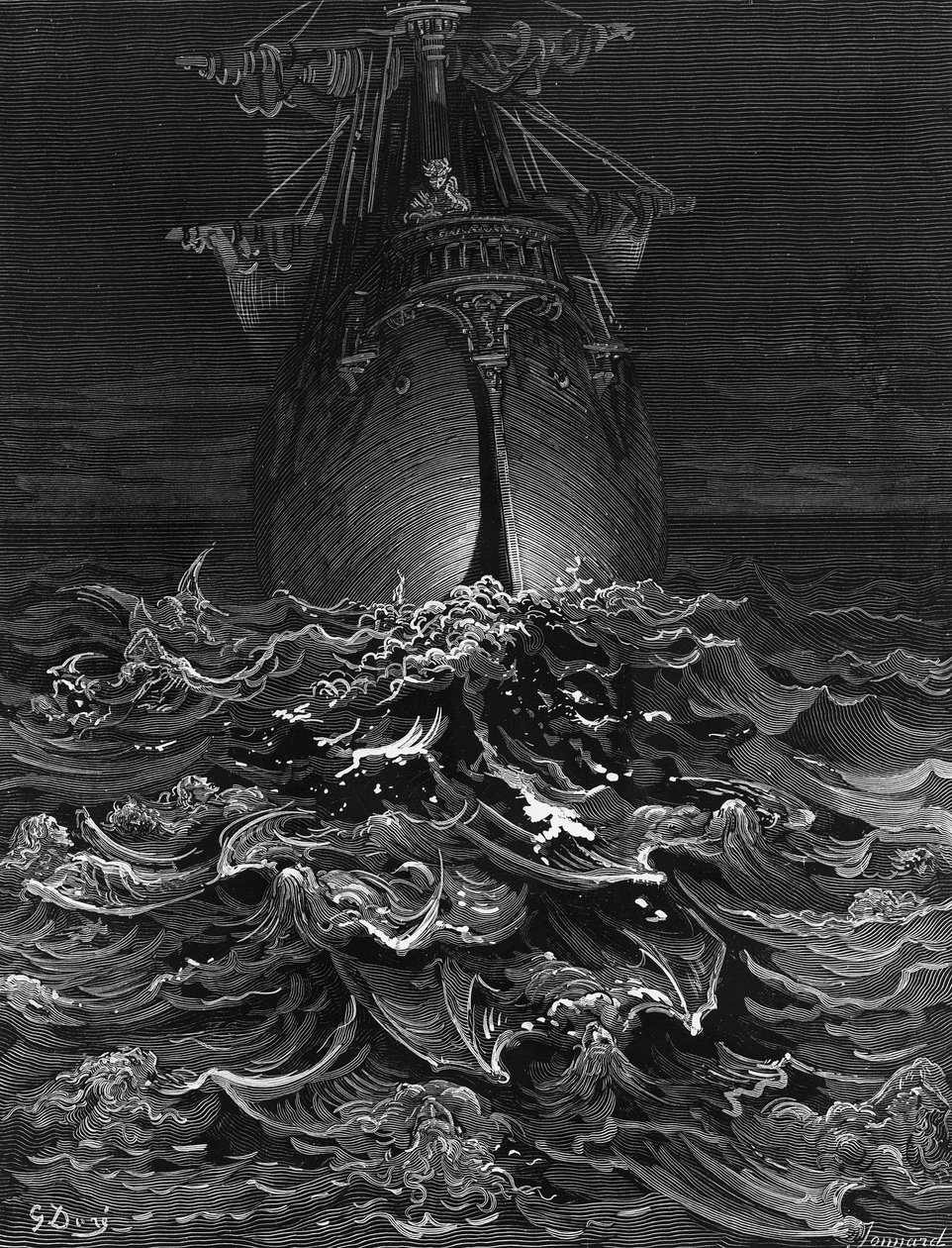 Denizci okyanusa bakar ve tüm denizcileri ölürken hayatta kalmasına üzülür, S.T. Harper und Brothers, New York tarafından yayınlanan Coleridge, by Gustave Dore