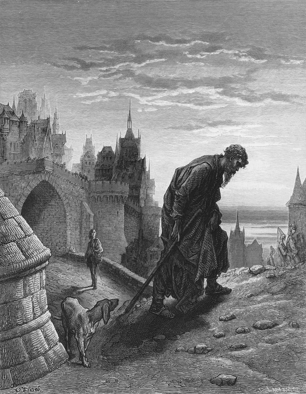 Denizci hikayesini bitirdikten sonra ayrılmak için döner, dinleyicisi düğün konuğu şaşkınlık ve üzüntü içinde ona bakar, S.T. Coleridge, pu by Gustave Dore
