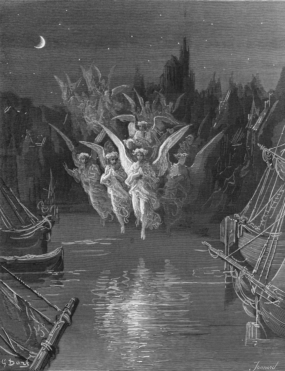 Melek ruhları cesetleri terk eder ve kendi ışık formlarında görünürler, S.T. Coleridge, Harper und Brothers tarafından yayınlandı, New York, 1876 (ahşap e by Gustave Dore