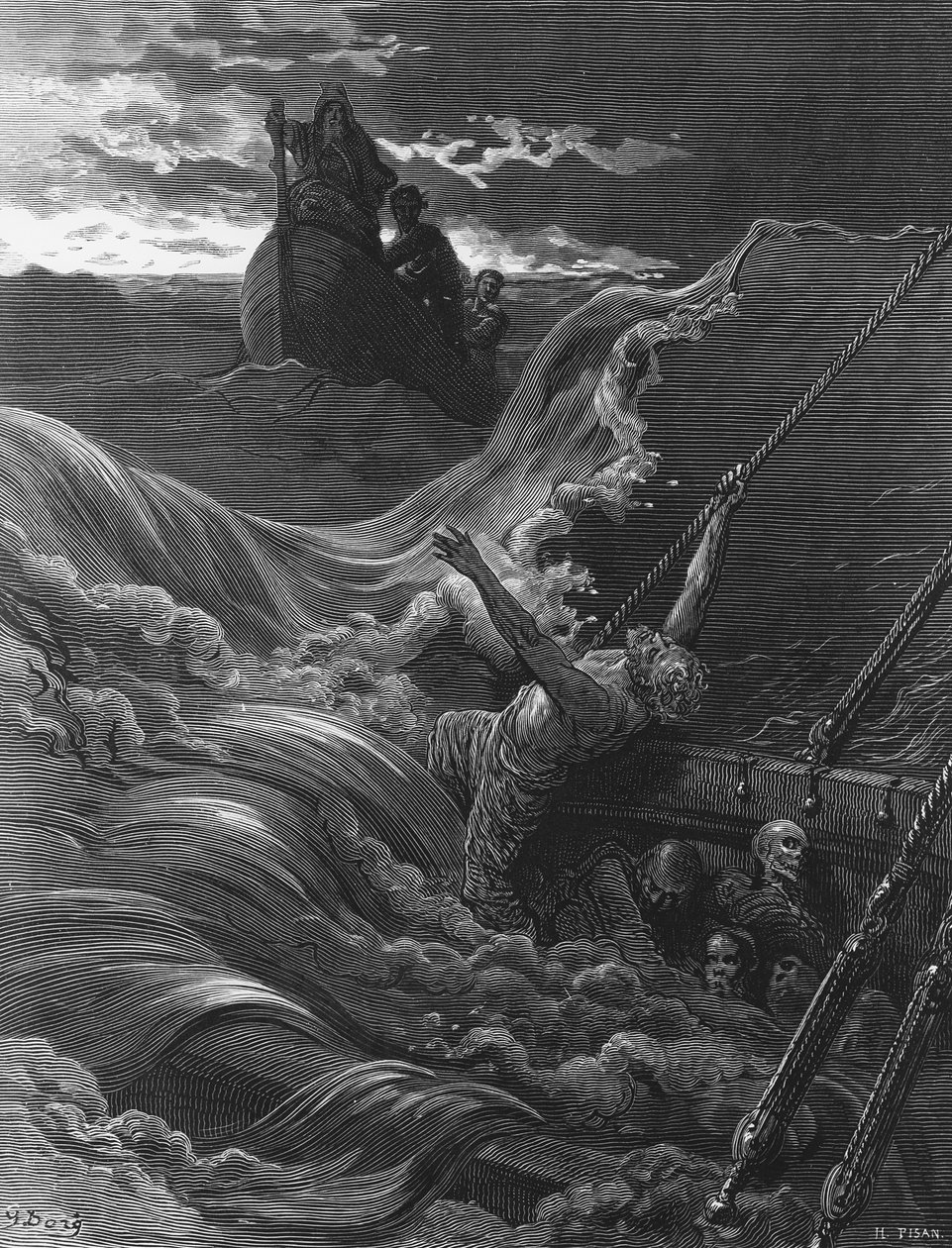 Denizci, gemisi batarken, S.T. Coleridge, Harper und Brothers tarafından yayınlandı, New York, 1876 (ahşap engra by Gustave Dore