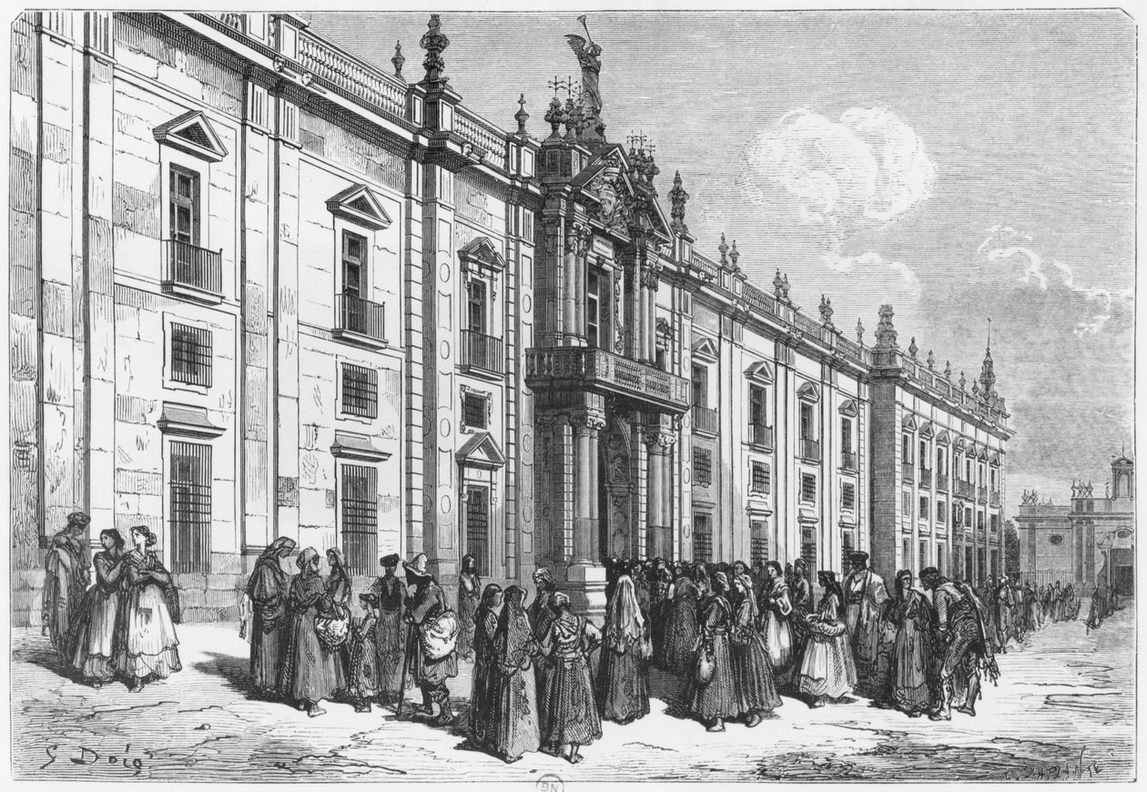 The tobacco factory at Seville, engraved by Charles Laplante (d.1903)   by Gustave Dore