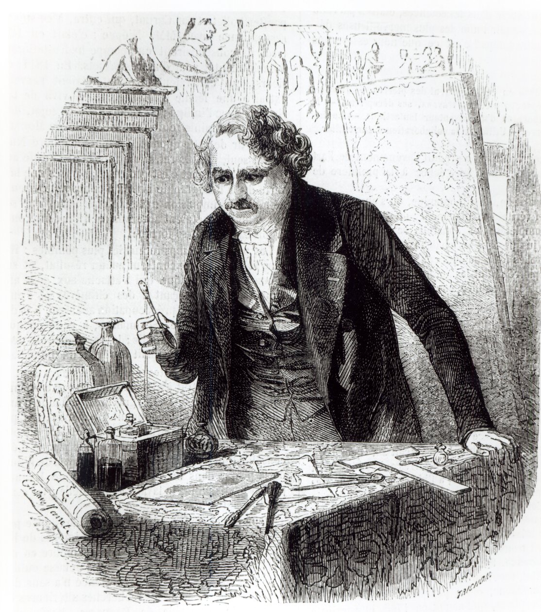 Daguerre, iyotlu gümüş bir tabak üzerine kazara bırakılan bir kaşığın etkisini keşfeder. by Gustave Janet