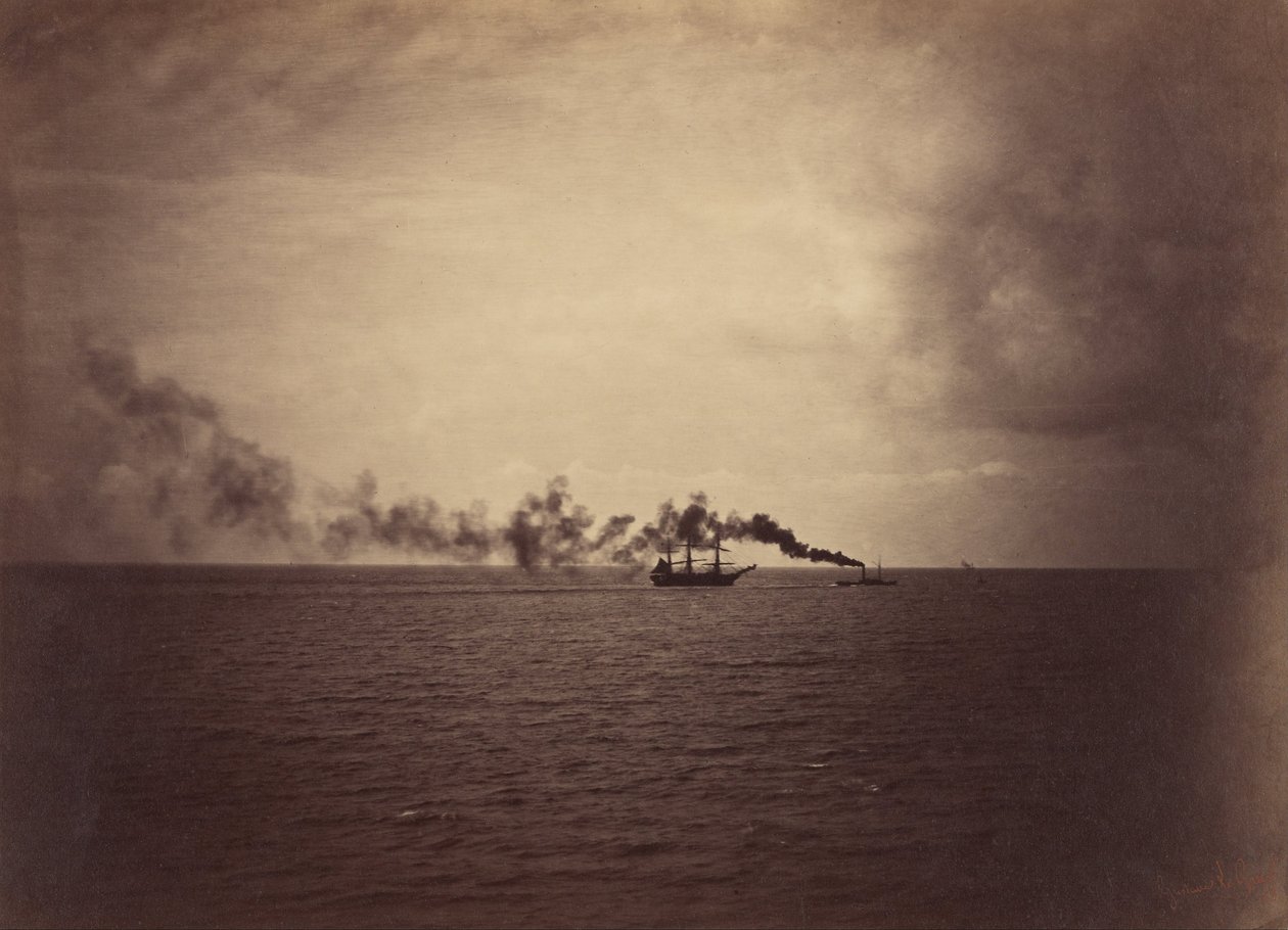 Yelkenli Gemi ve Römorkör ile Deniz Manzarası by Gustave Le Gray