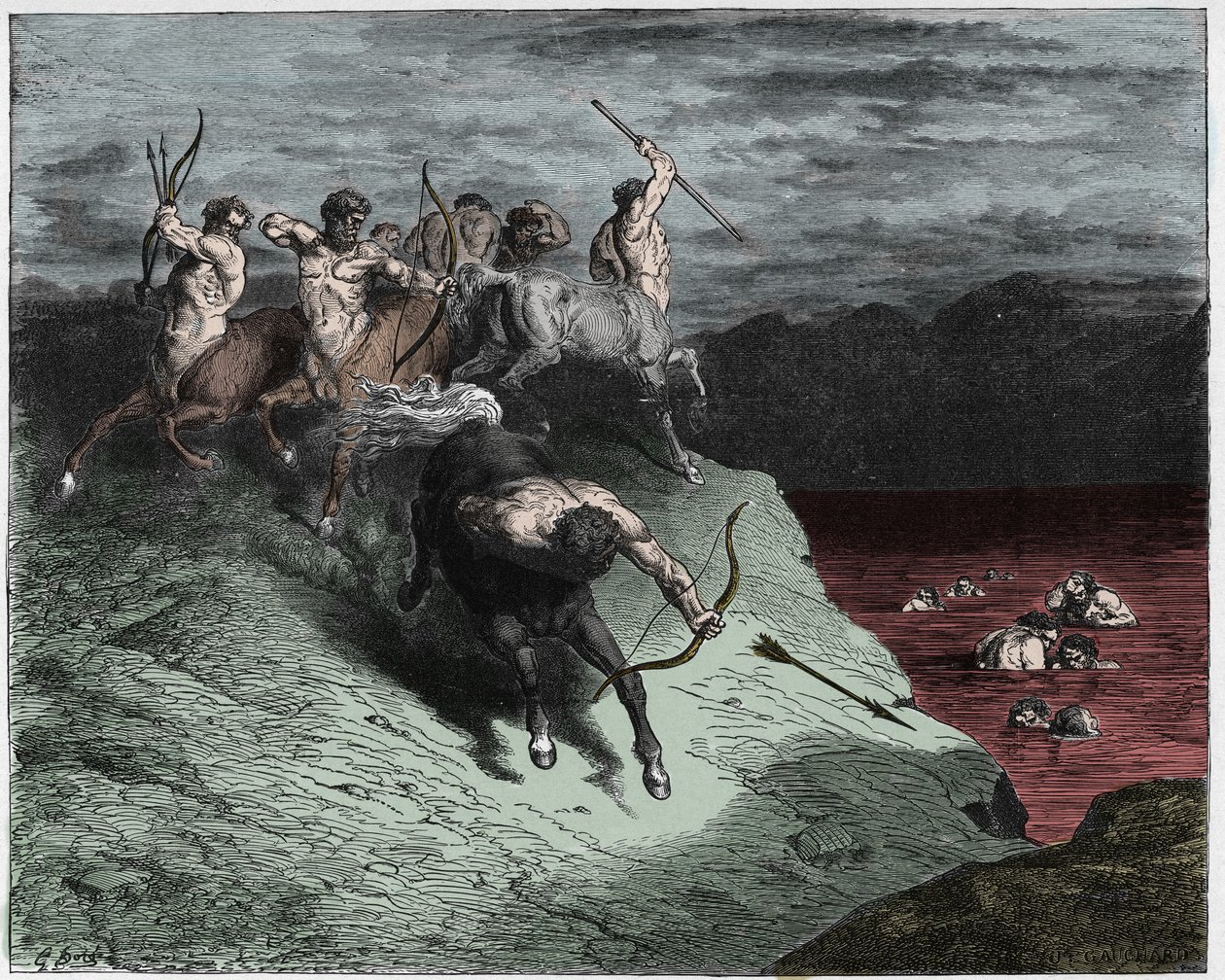 Inferno, Canto 12 : The centaurs attack the souls in boiling blood, illustration from The Divine Comedy by Dante Alighieri, 1885 (digitally coloured engraving) by Gustave after Dore