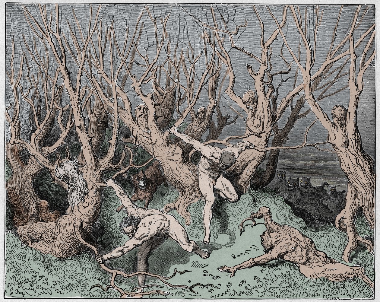 Inferno, Canto 13 : The suicides flee the forest, illustration from The Divine Comedy by Dante Alighieri, 1885 (digitally coloured engraving) by Gustave after Dore