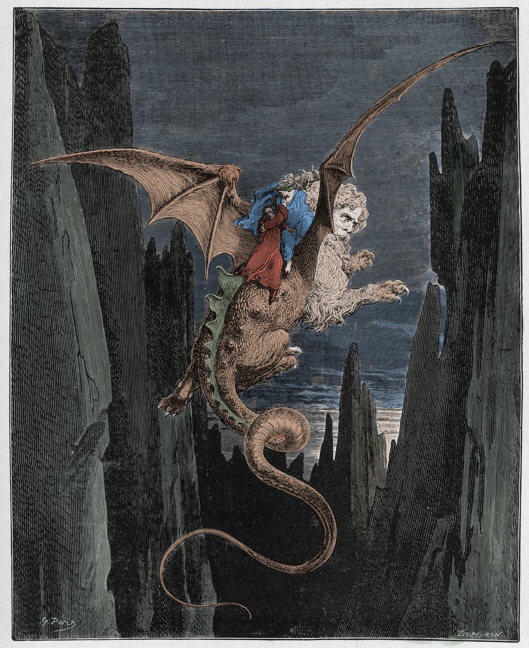 Inferno, Canto 17 : The descent into the abyss on Geryons back, illustration from The Divine Comedy by Dante Alighieri, 1885 (digitally coloured engraving) by Gustave after Dore