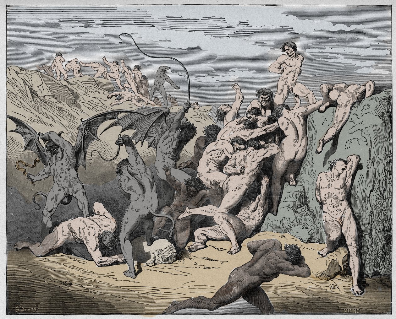 Inferno, Canto 18: Virgil sýnir Dante skugga Tælands, mynd úr The Divine Comedy eftir Dante Alighieri, 1885 (stafrænt litað leturgröftur) by Gustave after Dore