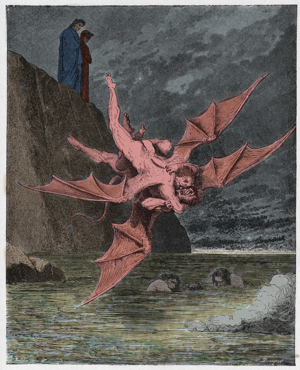 Inferno, Canto 22 : Alichino and Calcabrina grapple above the pitch, illustration from The Divine Comedy by Dante Alighieri, 1885 (digitally coloured engraving) by Gustave after Dore