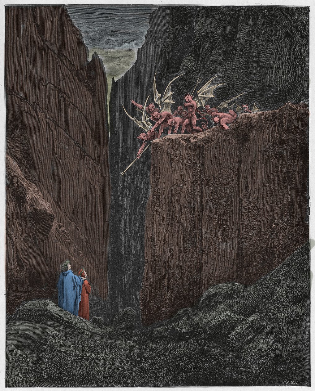 Inferno, Canto 23 : The poets escape the demons of the fifth bolgia, illustration from The Divine Comedy by Dante Alighieri, 1885 (digitally coloured engraving) by Gustave after Dore